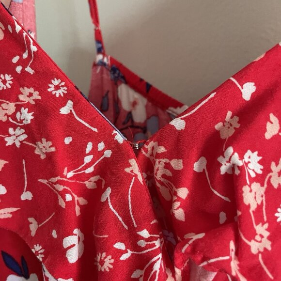 Express Women Sz L Red Floral Faux Wrap Adj Spaghetti Strap Ruffled Sundress - Picture 8 of 11